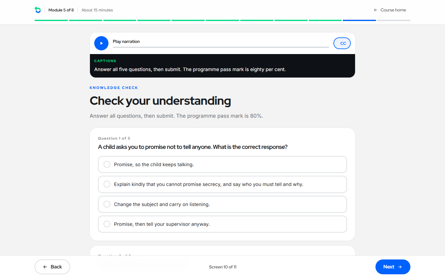 Knowledge-check quiz in the interactive module, desktop